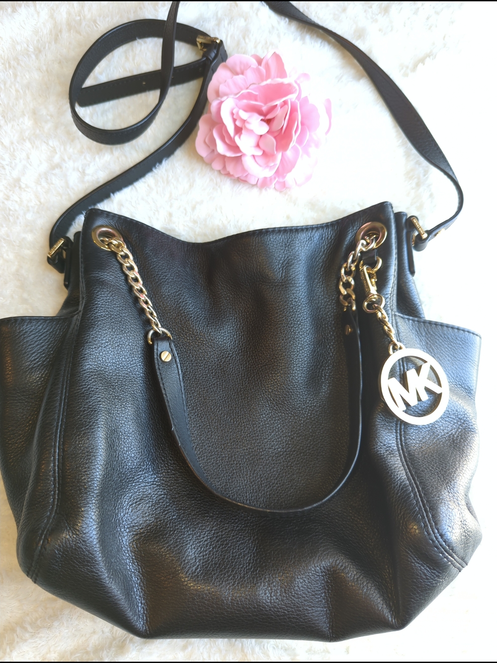 Michael Kors Black Pebbled Leather Tote Shoulder Or Crossbody Gold-Tone MK Charm